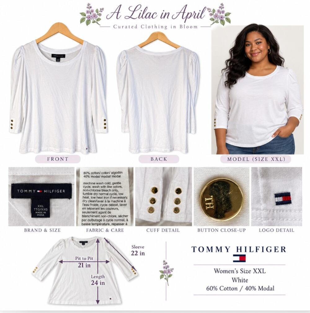 Tommy Hilfiger Women’s XXL White Cotton Modal Puff Sleeve Gold Button Top